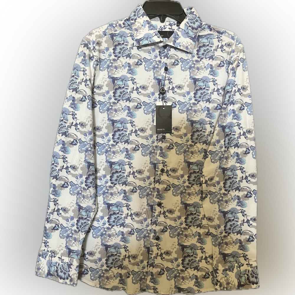 Quieti Blue and White Casual Button Down Shirt with Pattern NWT Medium